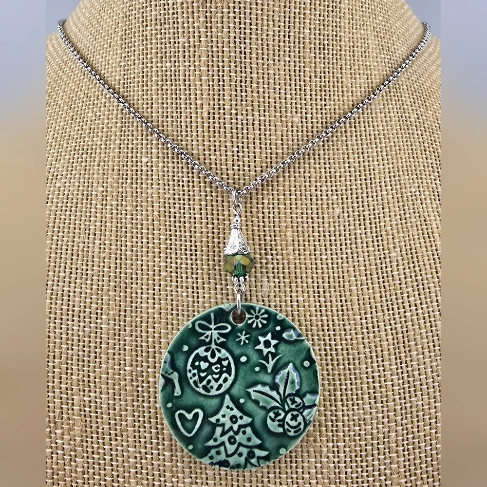 Handmade Kiln Fired Ceramic Green Christmas Pendant Necklace